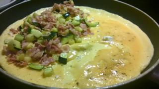 Omelettes-Bacon-Feta Cheese-Zucchini Galzone.